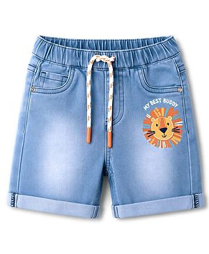 Babyhug Denim Washed Lion Cartoon Printed Shorts with Stretch -Sky Blue