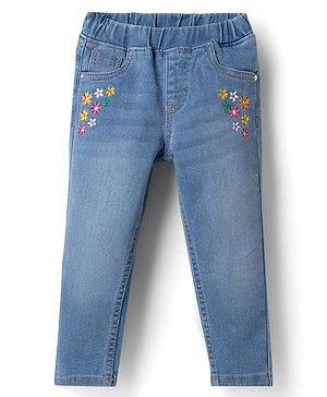 Babyhug Cotton Lycra Washed Denim Full Length Jeggings with Stretch & Floral Embroidery- Light Blue