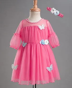 Enfance Net Woven Full Sleeves Party
                              Dress & Headband With Floral &
                              Butterfly Applique - Pink