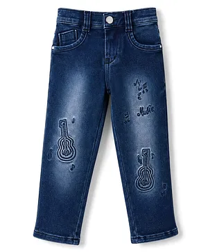 Enfance Denim Woven Full Length Washed Jeans With Guitar Embroidery - Blue
