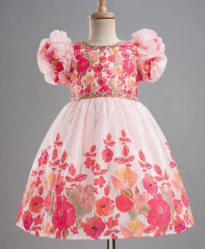 Enfance Cotton Woven Half Sleeves
                              Flared Party Dress With Floral Print &
                              Sequin Embellishment - Pink