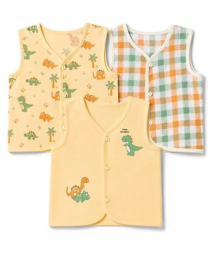 Babyhug 100% Cotton Cambric Woven Sleeveless Front Open Jhablas with Checks & Dino Print Pack of 3 - Yellow