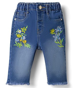 Babyhug Cotton Lycra Washed Floral Embroidered Denim Capri With Stretch - Blue