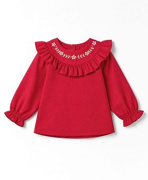 Babyhug 100% Cotton Woven Top with Full Sleeves and Floral Embroidery in Red for 9-12 Months