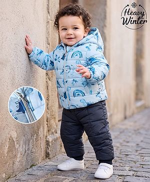 Babyhug Woven Full Winter Wear Suit with Full Sleeves and Dinosaur Print in Navy Blue for 0-1 Month