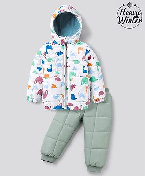 Babyhug Woven Full Sleeves Dinosaur Printed Hooded Winter Wear Suit - White