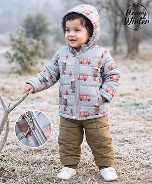 Babyhug Woven Jacket and Pant with Full Sleeves and Bear Print in Grey for 0-1 Month