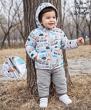 Babyhug Woven Full Jacket and Pant with Full Sleeves and Train Print in Grey for 0-1 Month