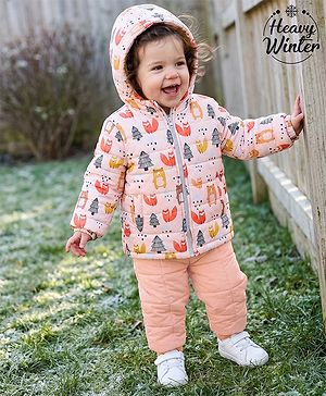 Babyhug Woven Full Sleeves Hooded Winter Wear Suit With Animal Print - Peach