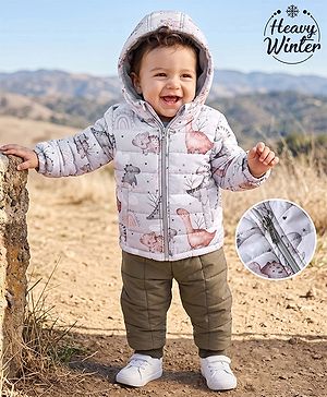 Babyhug Woven Jacket and Pant with Full Sleeves and Dinosaur Print in Beige for 6-9 Months