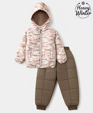 Babyhug Woven Jacket and Pant with Full Sleeves and Camouflage Print in Brown for 0-1 Month