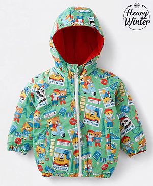 Babyhug Hooded Reversible Padded Jacket with Full Sleeves and Travel Theme Print - Green