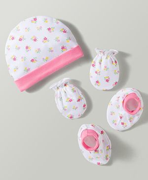 Babyhug 100% Cotton Interlock Knit Cap Mittens & Booties With Floral Print Multicolor - Diameter 17.5 cm
