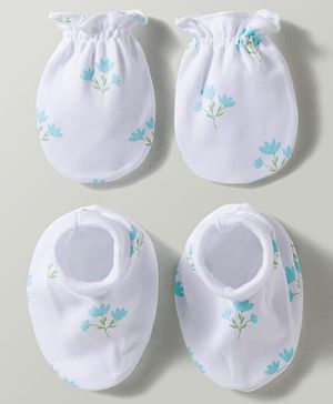 Babyhug 100% Cotton Interlock Knit Mittens & Booties With Floral Print - Multicolor