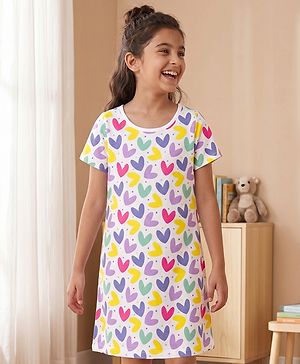 Pine Kids Single Jersey Knit Half Sleeves Nighty With Heart Print - White