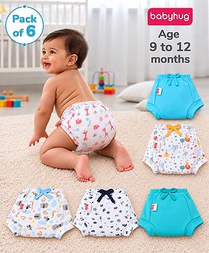 Babyhug 100% Cotton Reusable Potty Training Pull-Up Padded Pants for Babies Size 0 (9 to 12 Months)| Pack of 6| Absorbent & Washable| Toddler Training Underwear