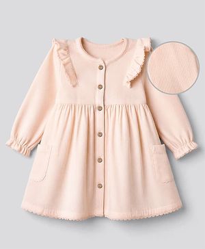 Bonfino Cotton Elastane Woven Mix 'n' Match Fit & Flare Rib & Double Gauze Dress With Full Sleeves and Frill Detail - Pink