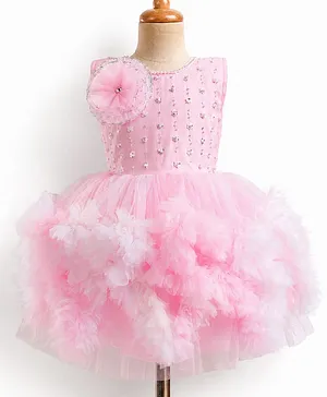 Enfance Net Woven Sleeveless Floral
                              Sequinned Flared Party Dress With Floral
                              Applique & Pearl Embellishment - Pink