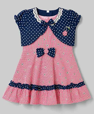 Enfance Cotton Sleeveless Floral
                                  Printed & Checked Frock With
                                  Jacket With Bow Applique - Blue