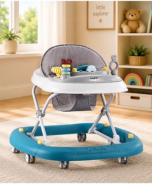 Babyhug Musical Baby Walker with Rocker Function 2-in-1 Convertible Adjustable Height| Compact Fold| Activity Toy Tray Stable Design Multi-Directional Wheels 624 Months - Blue