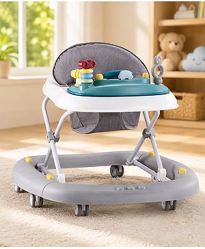 Babyhug Musical Baby Walker with Rocker Function 2-in-1 Convertible Adjustable Height Compact Fold Activity Toy Tray Stable Design Multi-Directional Wheels 624 Months - Grey