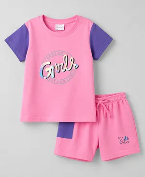 Olio Kids Sinker Knit Half Sleeves
                              Text Printed Top & Shorts Set - Pink