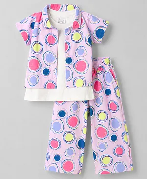 Olio Kids Sinker Knit Half Sleeves
                              Polka Dots Printed Co-Ords Top & Pant
                              Set With Inner Solid Tank T-Shirt - Pink