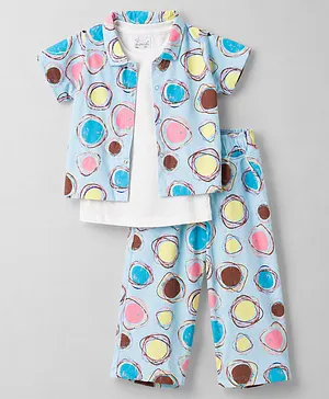 Olio Kids Sinker Knit Half Sleeves
                              Polka Dots Printed Co-Ords Top & Pant
                              Set With Inner Solid Tank T-Shirt - Sea
                              Green