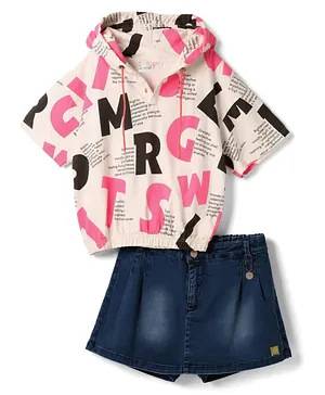 Olio Kids Sinker Knit Half Sleeves
                              Text Printed Hooded Top & Shorts Set -
                              Pink