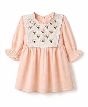 Bonfino 100% Cotton Woven Fit and Flare Dress with Full Sleeves and Floral Embroidery in Pink
