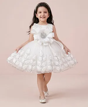 smile baby NX Tissue Knit Sleeveless
                              Pearl Embellished Floral Applique &
                              Thread Work Detailed Dress - White