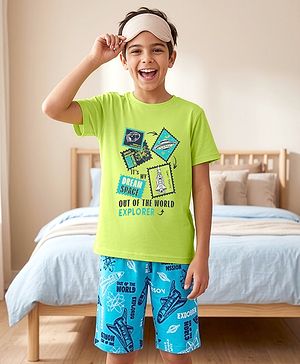 Pine Kids Cotton Knit Half Sleeves T-Shirt & Shorts Night Suit With Space Theme - Limegreen & Blue