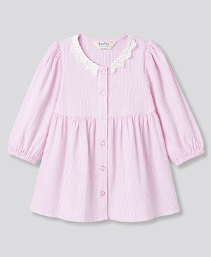 Bonfino 100% Cotton Woven Full Sleeves Striped Corduroy Fit & Flare Dress With Lace Collar - Pink