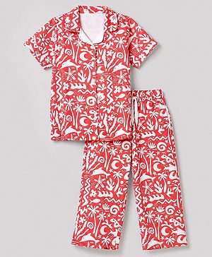 Pine Kids Cotton Knit Half Sleeves Co-Ords Shirt & Capri Night Suit with Sea Print - Red