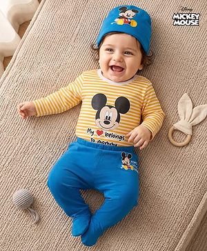 Babyhug Disney Interlock Knit Full Sleeves Striped Onesie & Legging With Cap & Mickey Mouse Graphics - Multicolor