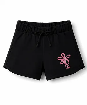 UCB Cotton Elastane Knit Knee Length
                              Flower Printed Shorts - Black