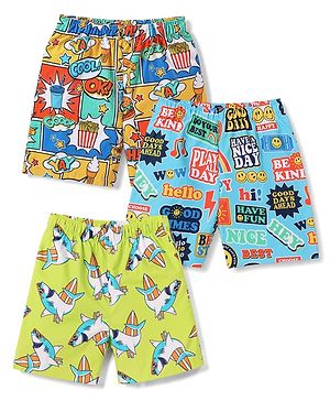 Babyhug Poplin Woven Above Knee Length Text & Sea Life Printed Boxers Pack Of 3 - Neon Green & Light Blue