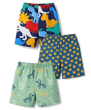 Babyhug Cotton Woven Above Knee Length Animals Printed Boxers Pack Of 3 - Light Green & Blue