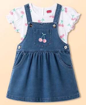 Babyhug Cotton Woven Frocks with Inner Tee With Cherry Embroidery & Print - Blue