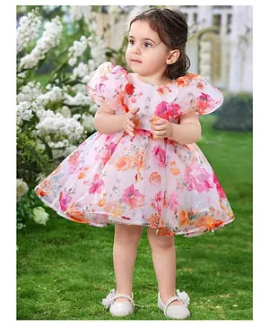 The Kids Club Georgette Woven Half
                              Puffed Sleeves Floral Printed Dress -
                              Pink
