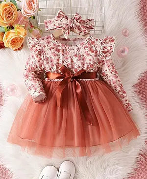 The Kids Club Cotton Lycra Woven Full
                              Sleeves Frill & Bow Applique Detailed
                              Floral Printed Dress With Headband -
                              Brown