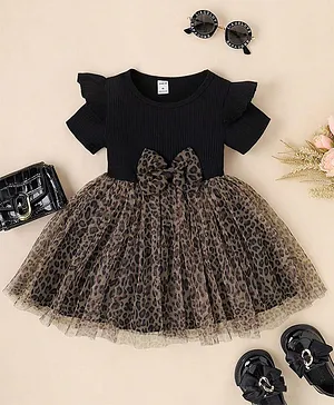 The Kids Club Cotton Rib Woven Half
                              Sleeves Leopard Printed Dress - Black