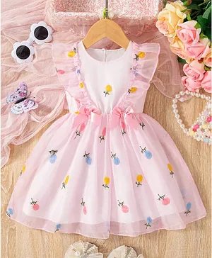 The Kids Club Woven Sleeveless Frill
                              detailed Bow Applique Detailed &
                              Floral Embroidered Sheer Tutu Style Dress
                              - Pink