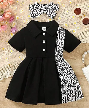 The Kids Club Cotton Blend Knit
                                  Half Sleeves Baby Text Printed Polo
                                  Dress With Headband - Black