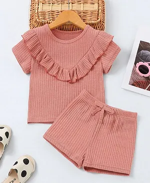 The Kids Club Cotton Rib Knit Half
                              Sleeves Frill Detailed Top & Shorts
                              Set - Peach