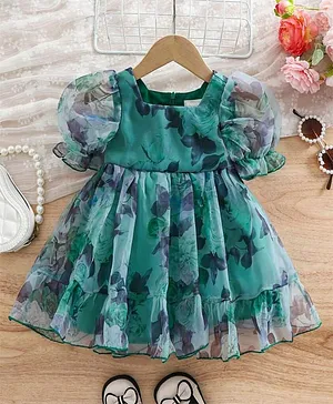The Kids Club Chiffon Knit Half
                              Puffed Sleeves Floral Printed Dress -
                              Green