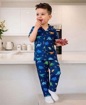 Babyhug 100% Cotton Knit Half Sleeves Shirt & Pyjama Night Suit Co-ords With Dino Print - Blue