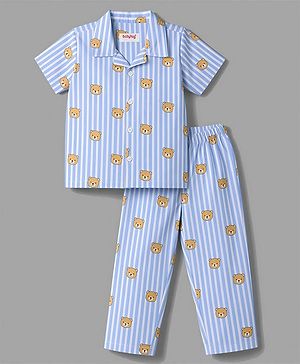 Babyhug 100% Cotton Knit Half Sleeves Striped & Bear Printed Co-Ords Shirt & Pyjama Night Suit - Light Blue