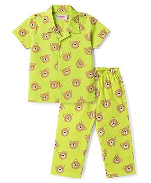 Babyhug Cotton Knit Half Sleeves Bear Printed Co-Ords Shirt & Pyjama Night Suit - Lime Green
