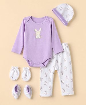 Babyhug 100% Cotton Interlock Knit Full Sleeves Rabbit Printed Onesie with Leggings & Cap Mittens and Booties - Purple